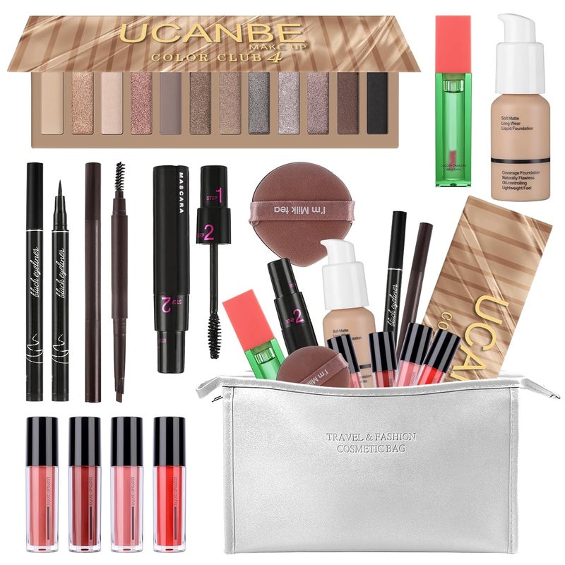 Ucanbe Makeup Set for Women Full kit, Makeup bag with 12 Color Nude Eyeshadow Palette, Mascara, Lip gloss, Blush & Foundation, Beauty blender, Eyeliner Pen, Eyebrow Pencil All in One Gift Set 