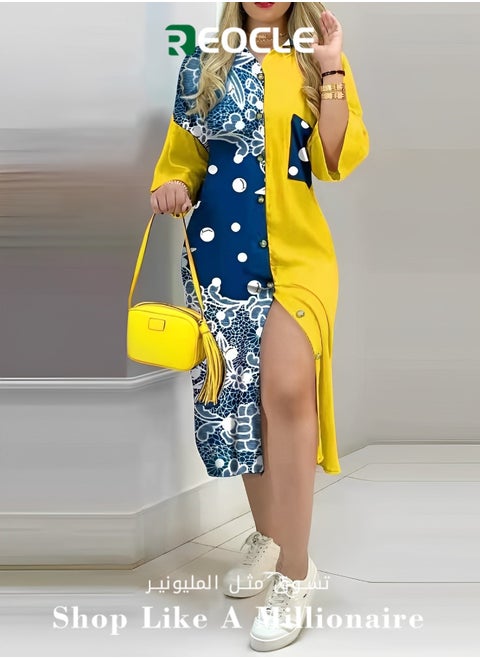 Long Dress New Autumn Style Printed Shirt Dress Elegant Mid-waist Long Skirt Printed Elastic One-line Collar Contrasting Color Dress