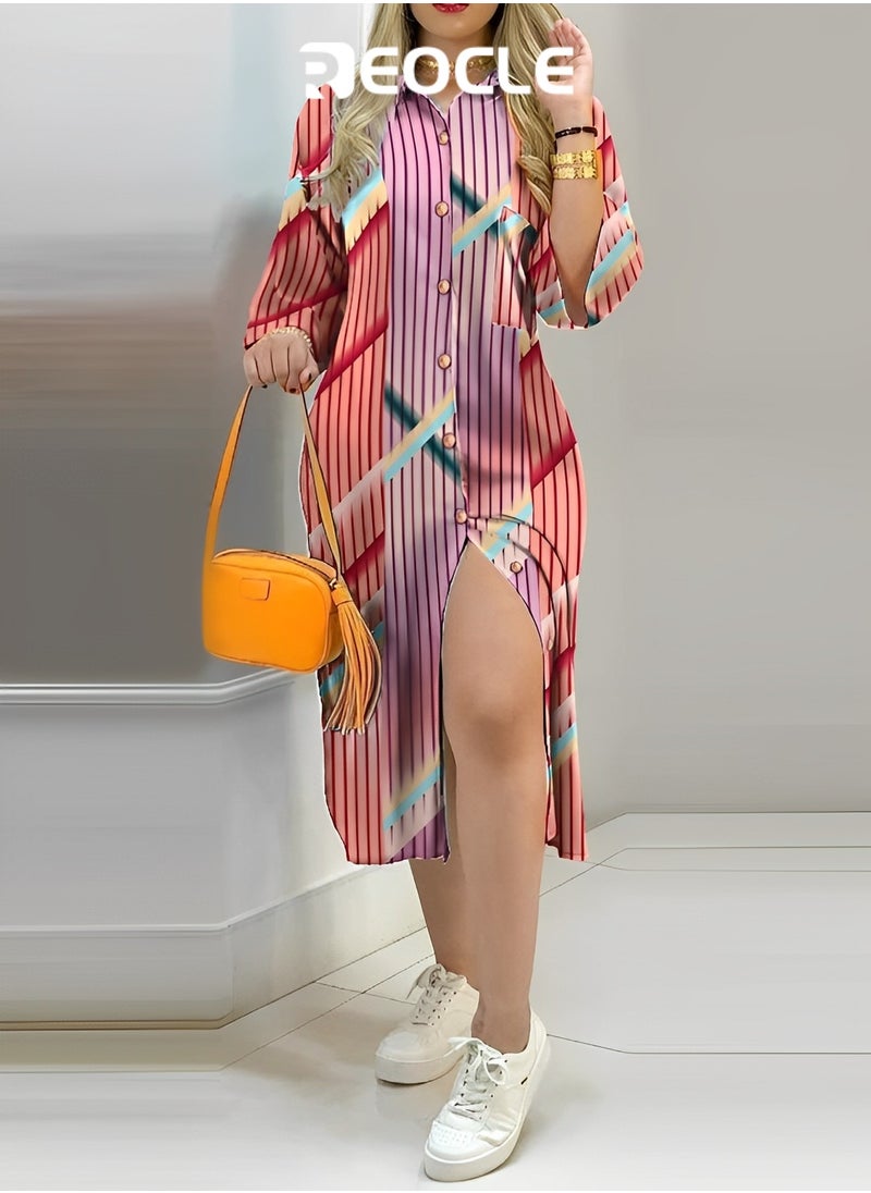 Long Dress New Autumn Style Printed Shirt Dress Elegant Mid-waist Long Skirt Printed Elastic One-line Collar Contrasting Color Dress