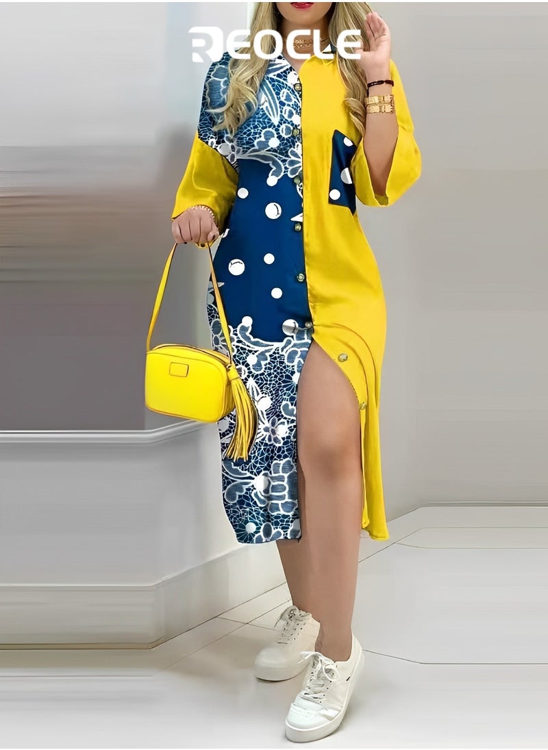 Long Dress New Autumn Style Printed Shirt Dress Elegant Mid-waist Long Skirt Printed Elastic One-line Collar Contrasting Color Dress