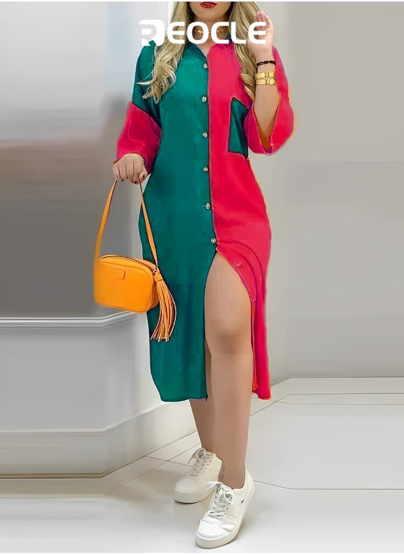 Long Dress New Autumn Style Printed Shirt Dress Elegant Mid-waist Long Skirt Printed Elastic One-line Collar Contrasting Color Dress