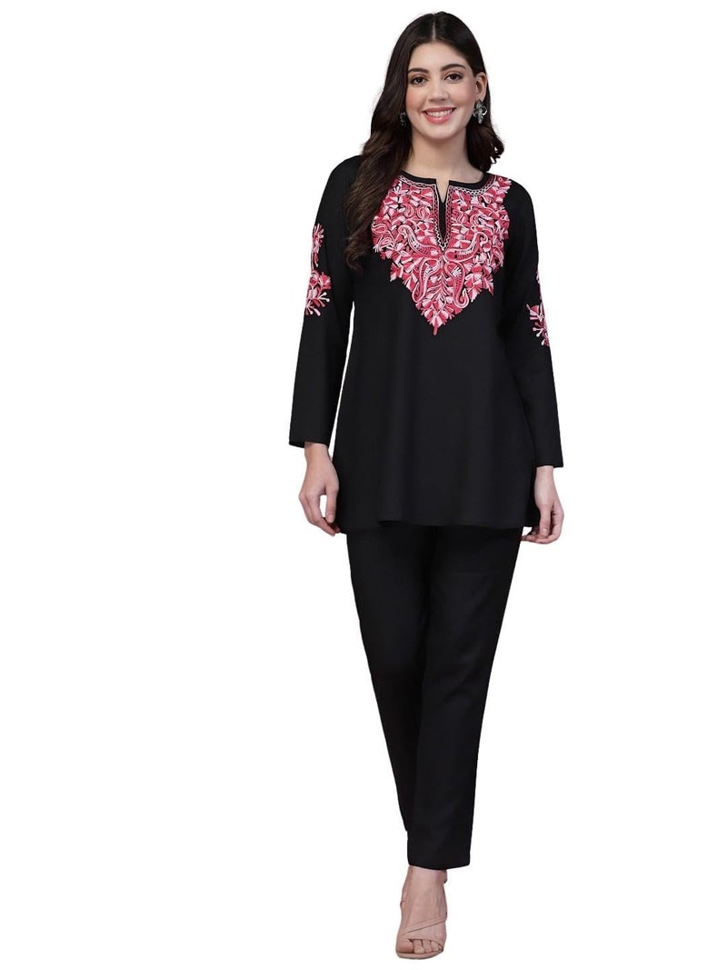 QAZMI Women Ayesha Kashmiri Embroidered Co-Ords Set | Ethnic Kurta Set_L (Black) - Image 1