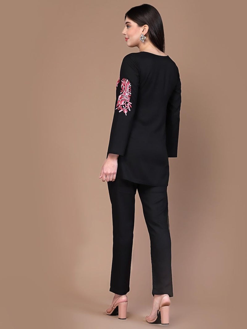 QAZMI Women Ayesha Kashmiri Embroidered Co-Ords Set | Ethnic Kurta Set_L (Black) - Image 5