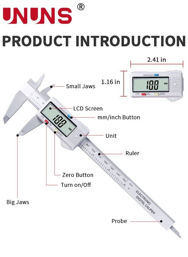 UNUNS - Digital LCD Vernier Calliper,Quick Change Button For Inch Fraction Millimeter Conversions,150MM Digital Caliper Measuring Tool - Image 1