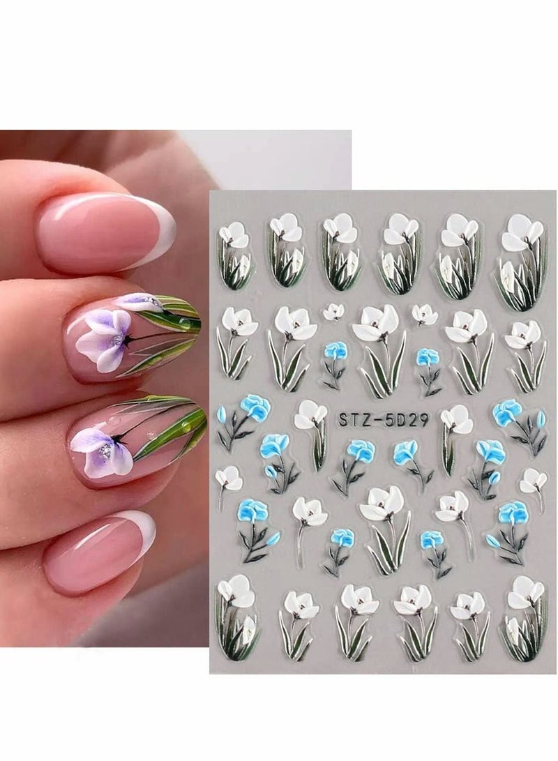 Excefore Flowers Nail Decals 6 Sheets 5D Embossed Stickers for Acrylic Nails Engraved Flower Art Accessories French Adhesive Butterfly Women - Image 2