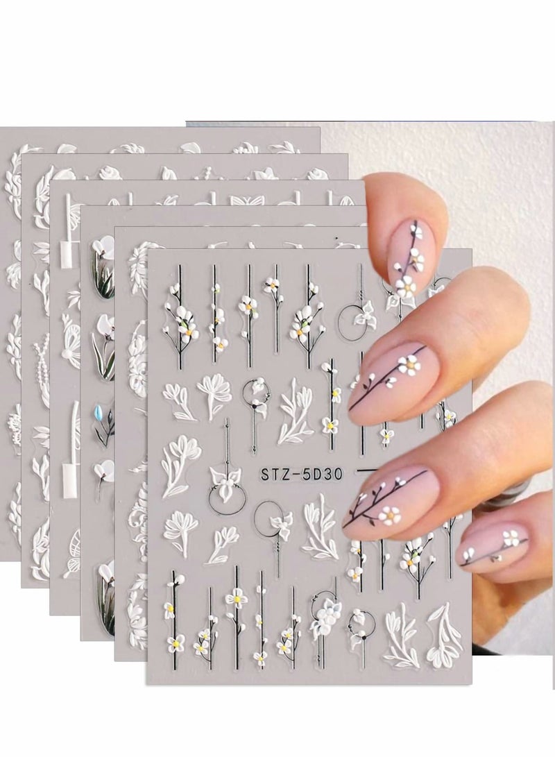 Excefore Flowers Nail Decals 6 Sheets 5D Embossed Stickers for Acrylic Nails Engraved Flower Art Accessories French Adhesive Butterfly Women - Image 1