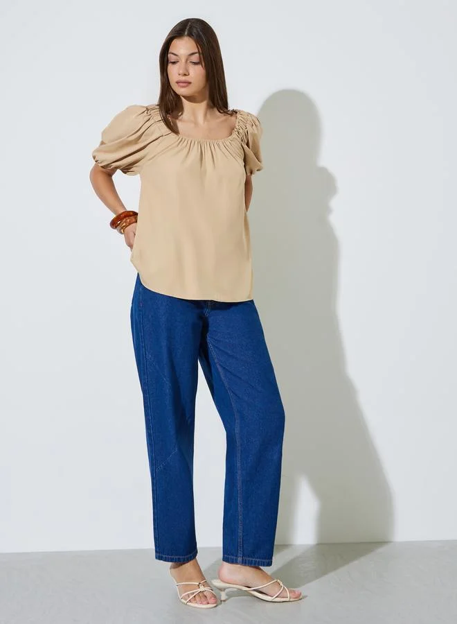 ستايلي Beige Puff Sleeve Blouse with Square Neck
