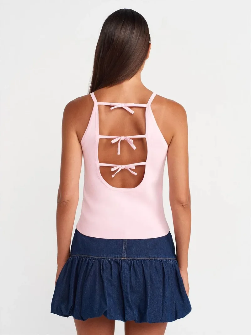 ديلفين DILVIN Slim Fit Halter Knit Blouse With Bow Detail