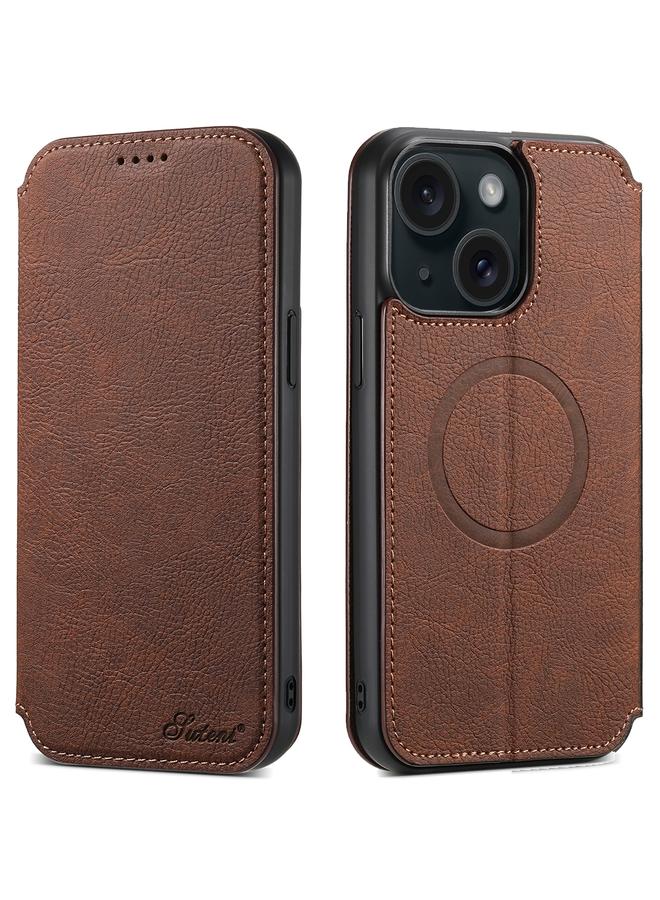 Suteni Case For iPhone 15 J06 Retro Matte Litchi Texture Leather MagSafe Phone Case - Image 1