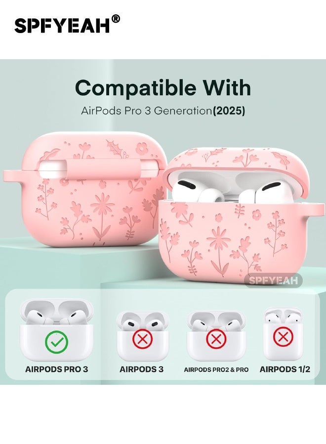 SPFYEAH AirPods Pro 3 Cover, Soft Silicone Engraved Pattern Protective Cover with Keychain & Cleaner kit, Shockproof Drop Proof Case for AirPods Pro 3rd Generation 2025, Pink - Image 2