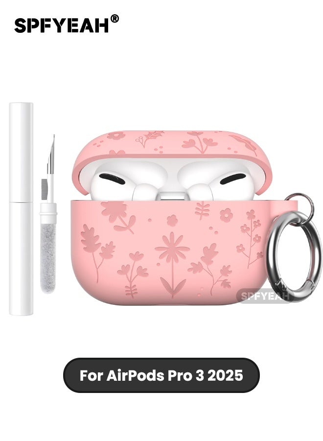 SPFYEAH AirPods Pro 3 Cover, Soft Silicone Engraved Pattern Protective Cover with Keychain & Cleaner kit, Shockproof Drop Proof Case for AirPods Pro 3rd Generation 2025, Pink - Image 1