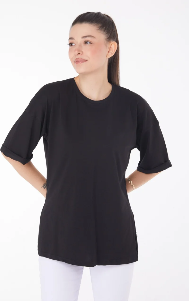 Tofisa Plain Crew Neck Women's Black T-Shirt - 25849