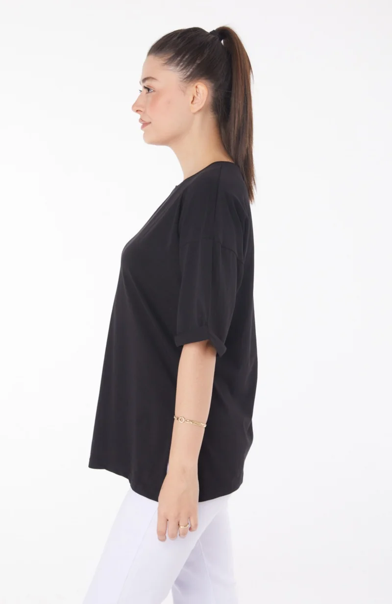 Tofisa Plain Crew Neck Women's Black T-Shirt - 25849