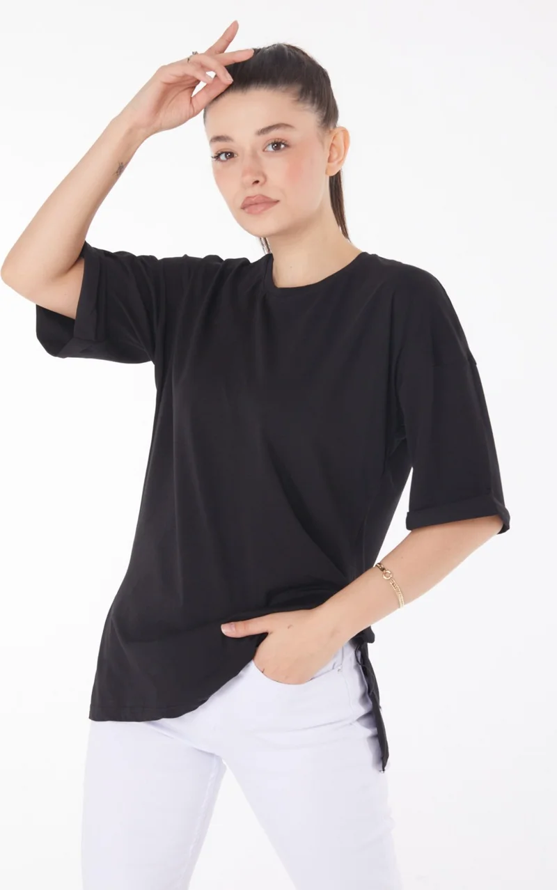 Tofisa Plain Crew Neck Women's Black T-Shirt - 25849