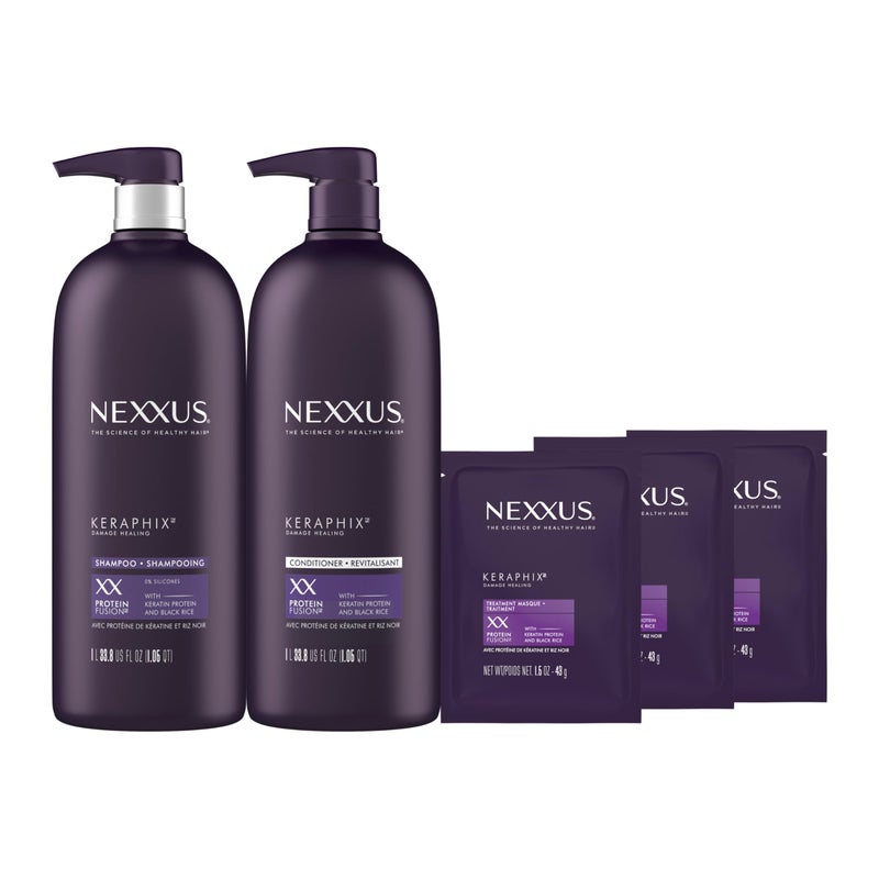 Nexxus Keraphix Shampoo and Conditioner - Damaged Hair Treatment System with Keratin Protein and Black Rice, 2 Count & 3 Repair Masks Treatment, 33.8 oz, 1.5 oz, 3 Count, 5 Count ( Pack of 1) - Image 1