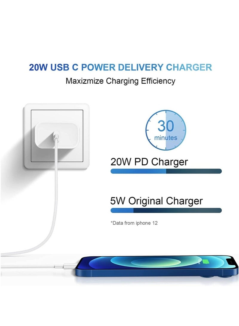 MUNTAQI iPhone 14 Fast Charger [Apple MFi Certified ] Apple Fast Charging Block 20W PD USB-C Wall Charger 6FT USB C to Lightning Cables Compatible with iPhone 14/13/ Plus/12/Pro/11/Pro Max,iPad (White) - Image 3