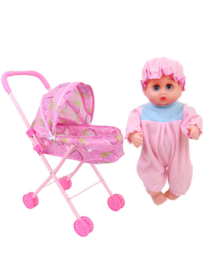 Children's Boys And Girls Play Home Toy Children's Baby With Doll Folding Iron Cart Simulation Baby Trolley-Color:839m Strawberry +01 Pink Baby - Image 1