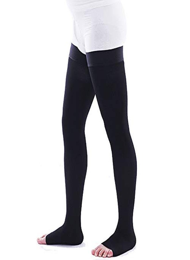 PRO GYM Compression Stockings for Men and Women, Thigh High Length, Points, Open Toe (Black, L) - Image 1