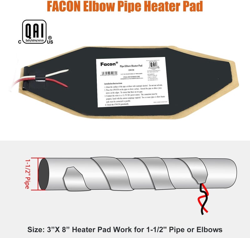 FACON 3" x 8" RV Elbow Pipe Heater Pad, Work for 1-1/2" Elbow Pipe on RV, Camper, Travel Trailer and Motorhome, 12V DC(Pack of 2) - Image 5