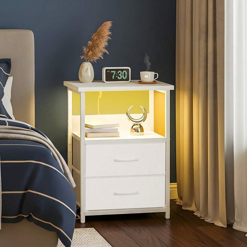 Shein Tomnk White Nightstand with Charging Station - 2-5 Fabric Drawers, USB Ports & Outlets, PU Finish - Image 1