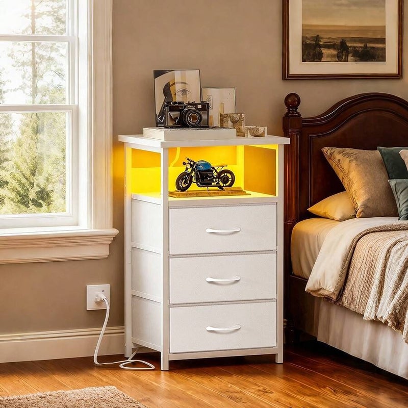 Shein Tomnk White Nightstand with Charging Station - 2-5 Fabric Drawers, USB Ports & Outlets, PU Finish - Image 3