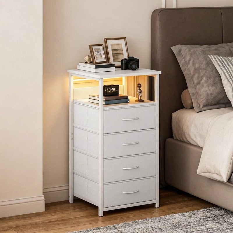 Shein Tomnk White Nightstand with Charging Station - 2-5 Fabric Drawers, USB Ports & Outlets, PU Finish - Image 4