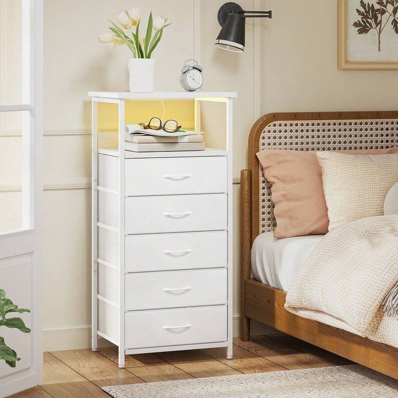 Shein Tomnk White Nightstand with Charging Station - 2-5 Fabric Drawers, USB Ports & Outlets, PU Finish - Image 5