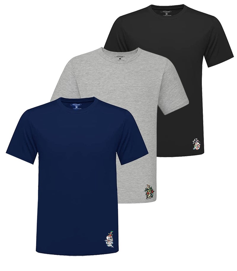 ED HARDY 3 Pack Mens Fitted Tshirts Plain Micro Modal Short Sleeve Crew Neck Classic Fitted Tees Mens Shirts, Casual Tshirts, Gym, Work Clothes, Grey, Navy, Black, Large - Image 1