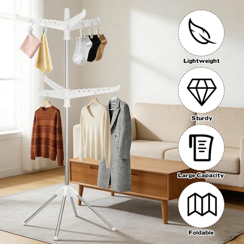 WAKCCIL 2-Layer Rotatable & Foldable Clothes Drying Rack 75" Stainless Steel Laundry Drying Tree with 6 Rotatable Arms, 4-Leg Free-Standing Hanger Stand for Indoor, Balcony, and Laundry Room - Image 5