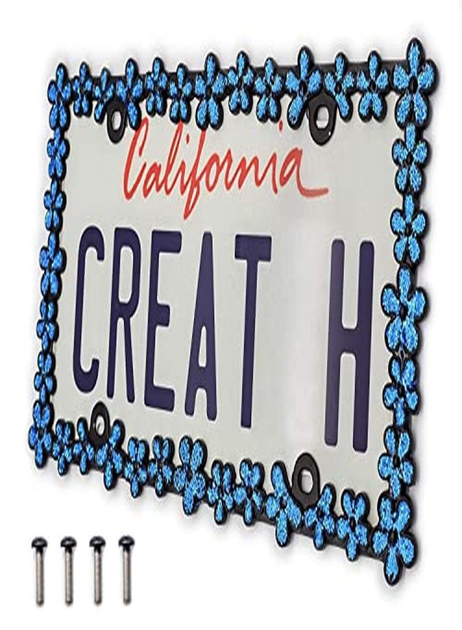 creathome 3D Shining Daisy Wrenth License Plate Frame from Pure Zinc Alloy Metal Perfect Plate Holder,Matt Black with Blue Glitter - Image 1