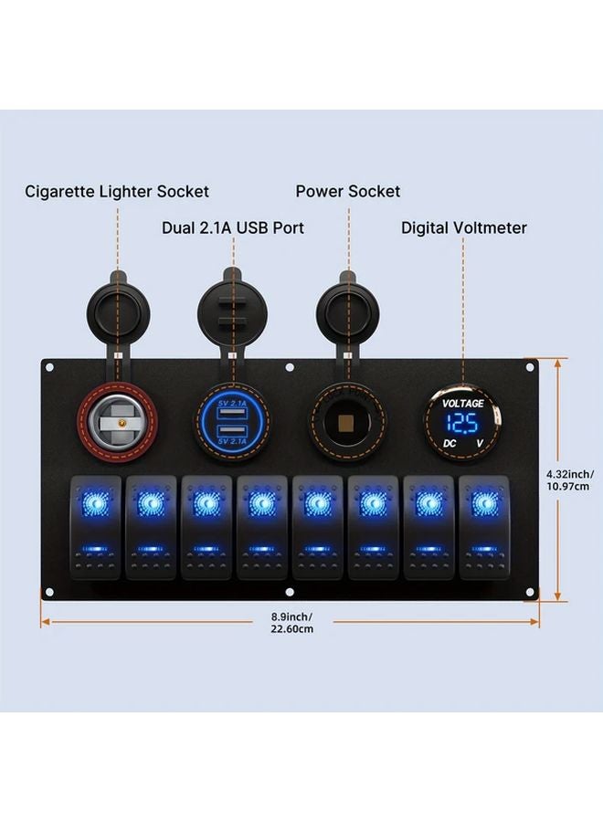 Blue 8 Gang Switch Panel Dual USB Ports Voltmeter 12V Socket Car Yacht - Image 3