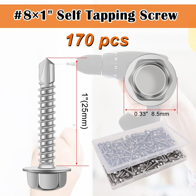 weideer 170pcs #8×1" Self Tapping Screws for Sheet Metal Hex Washer Head 410 Stainless Steel Self Drilling Screws Quick Tapping Screw with a Socket Driver K-127 - Image 2