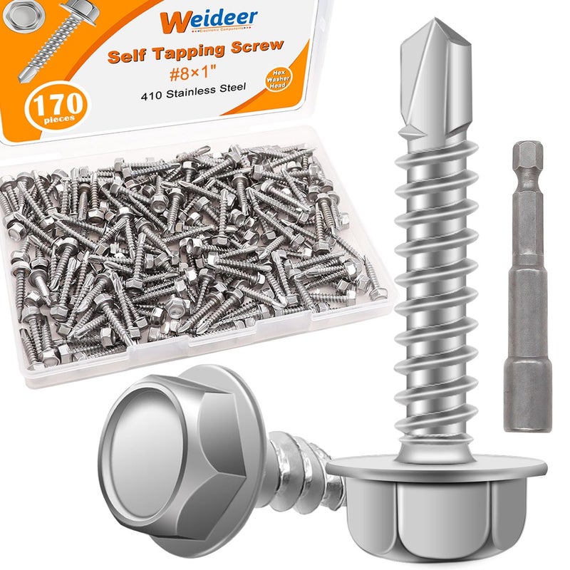 weideer 170pcs #8×1" Self Tapping Screws for Sheet Metal Hex Washer Head 410 Stainless Steel Self Drilling Screws Quick Tapping Screw with a Socket Driver K-127 - Image 1