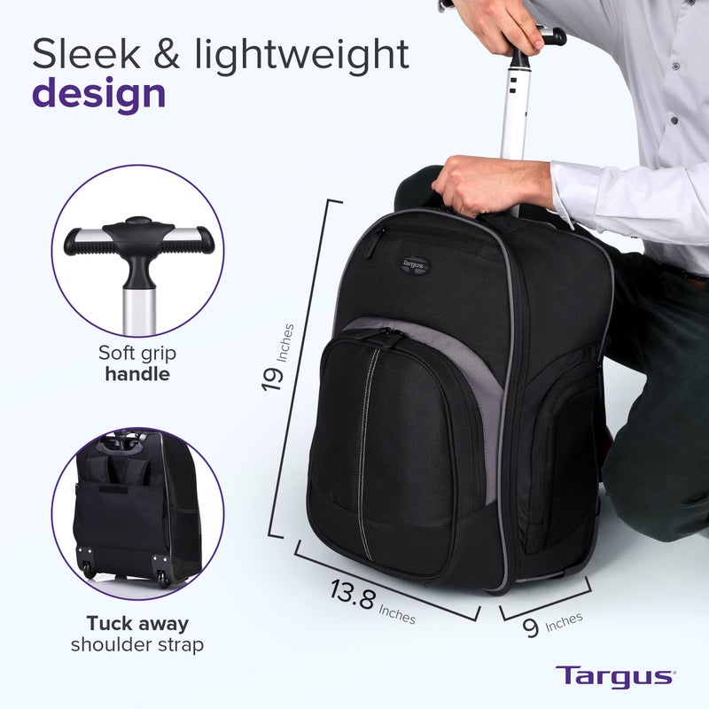 Targus 16 Inch Compact Rolling Backpack, Black - Wheeled Travel Bag with Removable Protective Laptop Sleeve, Fits Laptops Up to 16” and MacBook Pros up to 17” (TSB750US) - Image 4