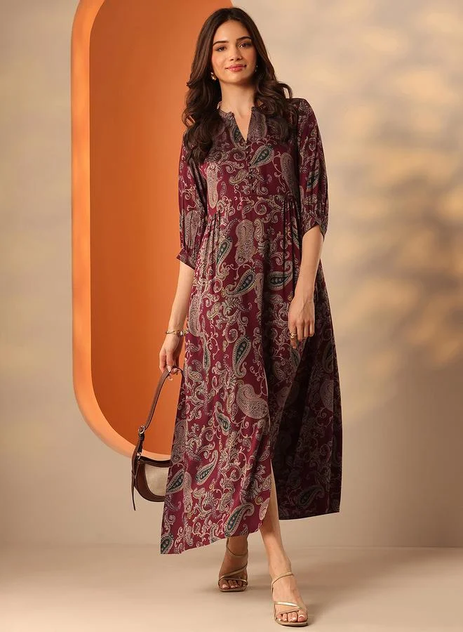 Libas Maroon Printed Rayon A-Line Maxi Dress