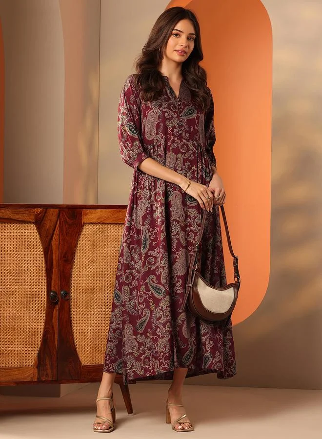 Libas Maroon Printed Rayon A-Line Maxi Dress
