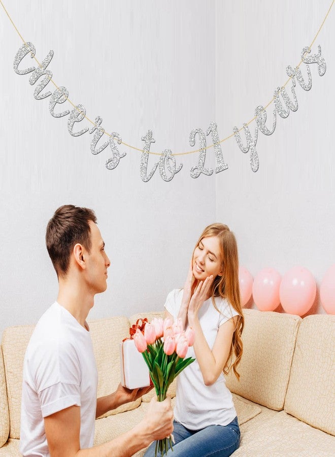 INNORU Glitter Silver Cheers to 21 Years Banner - 21st Birthday Sign Bunting 21& Legal Marriage Anniversary Party Bunting Decoration - Image 4
