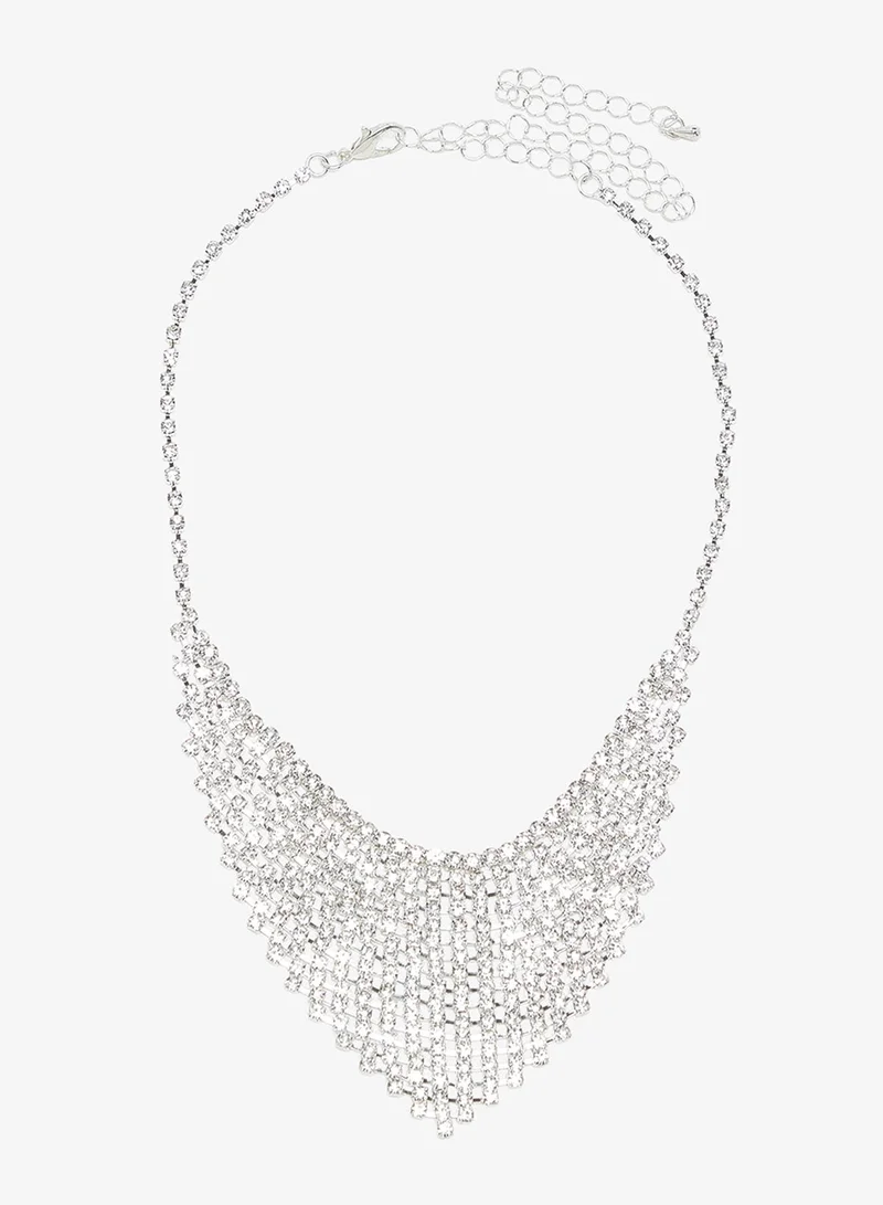Khizana Silver Silver Diamonte Rhinestone Drop Down Jewelry Set With Earrings Necklace for Women | Best Price UAE
