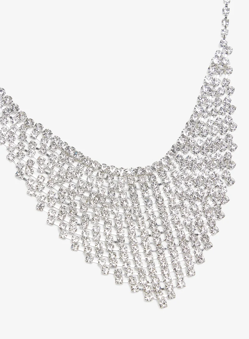 Khizana Silver Silver Diamonte Rhinestone Drop Down Jewelry Set With Earrings Necklace for Women | Best Price UAE