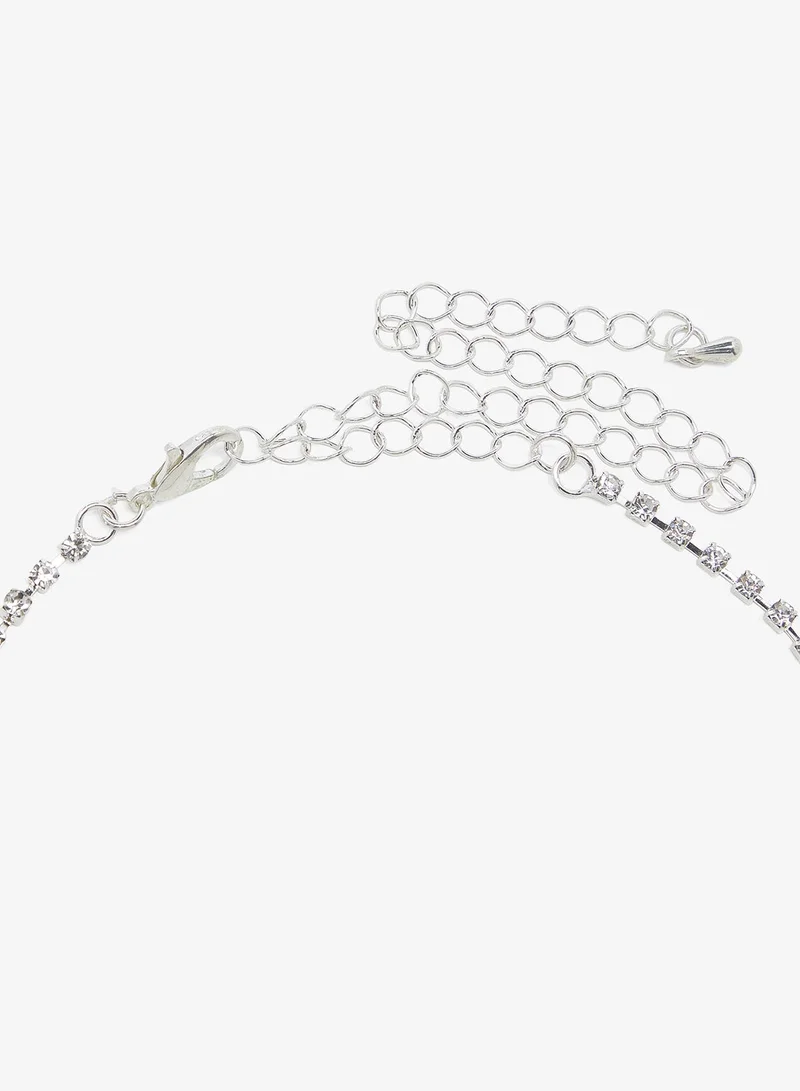 Khizana Silver Silver Diamonte Rhinestone Drop Down Jewelry Set With Earrings Necklace for Women | Best Price UAE