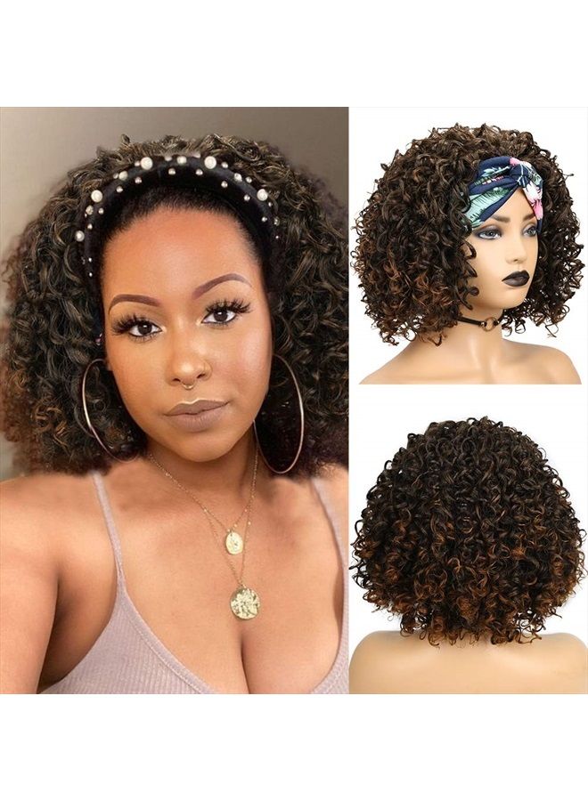 Fancy Hair Afro Kinky Curly Headband Wigs Mixed Brown Turban Wig with Black flannel hair band Heat Resistant Fiber Synthetic Party Cosplay Wigs for Black Women - Image 1