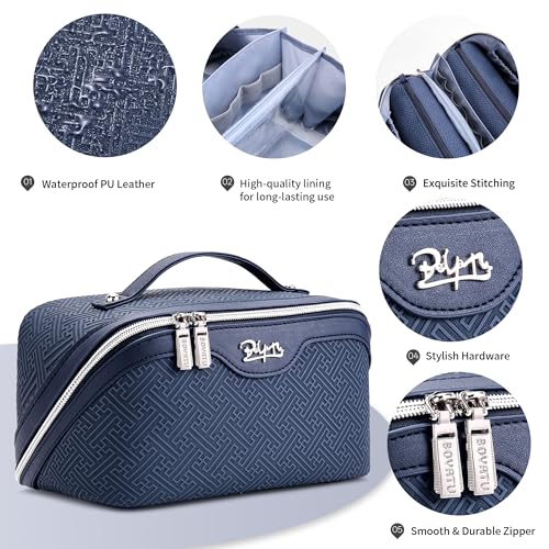 BOYATU Travel Makeup Bags for Women: Vintage Roman Column Texture Large Capacity Cosmetic Bag - Each Journey, Quiet Luxury Serenity - 3 Pcs Set Organizer Toiletry Purse 50% Extra Storage(Indigo) - Image 4