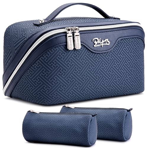 BOYATU Travel Makeup Bags for Women: Vintage Roman Column Texture Large Capacity Cosmetic Bag - Each Journey, Quiet Luxury Serenity - 3 Pcs Set Organizer Toiletry Purse 50% Extra Storage(Indigo) - Image 1