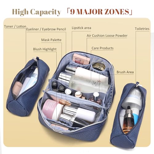 BOYATU Travel Makeup Bags for Women: Vintage Roman Column Texture Large Capacity Cosmetic Bag - Each Journey, Quiet Luxury Serenity - 3 Pcs Set Organizer Toiletry Purse 50% Extra Storage(Indigo) - Image 5