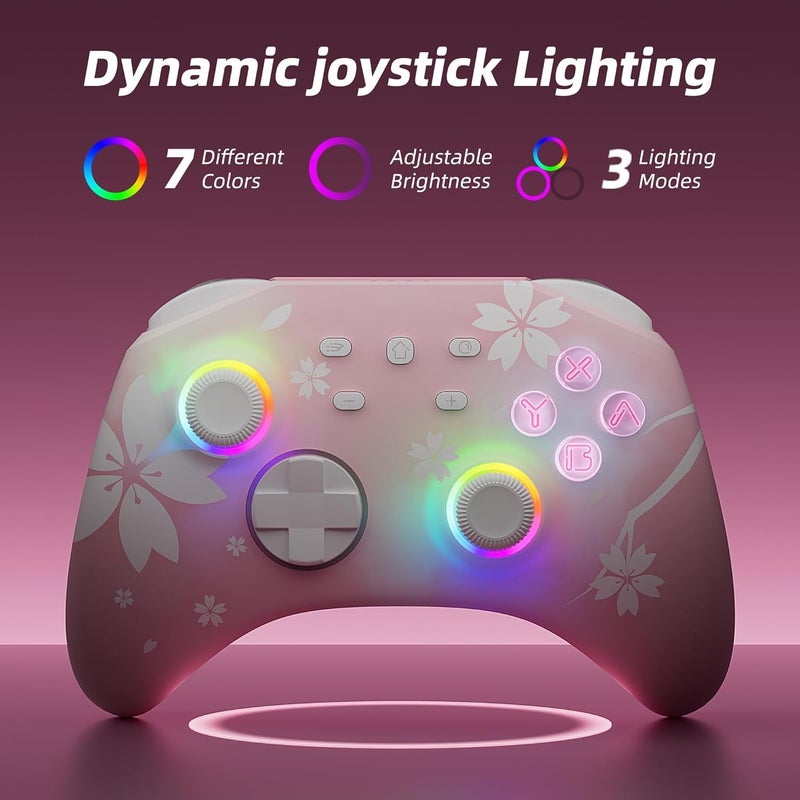 Mytrix Wireless Controllers for Switch/Switch 2, Windows PC iOS Android Steam/Steam Deck, Sakura Pink Bluetooth Controller with Programmable, Hall Effect Joysticks, Adjustable LED Light/Turbo/Vibration - Image 2