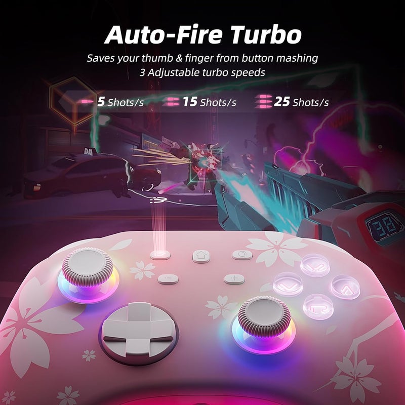 Mytrix Wireless Controllers for Switch/Switch 2, Windows PC iOS Android Steam/Steam Deck, Sakura Pink Bluetooth Controller with Programmable, Hall Effect Joysticks, Adjustable LED Light/Turbo/Vibration - Image 3