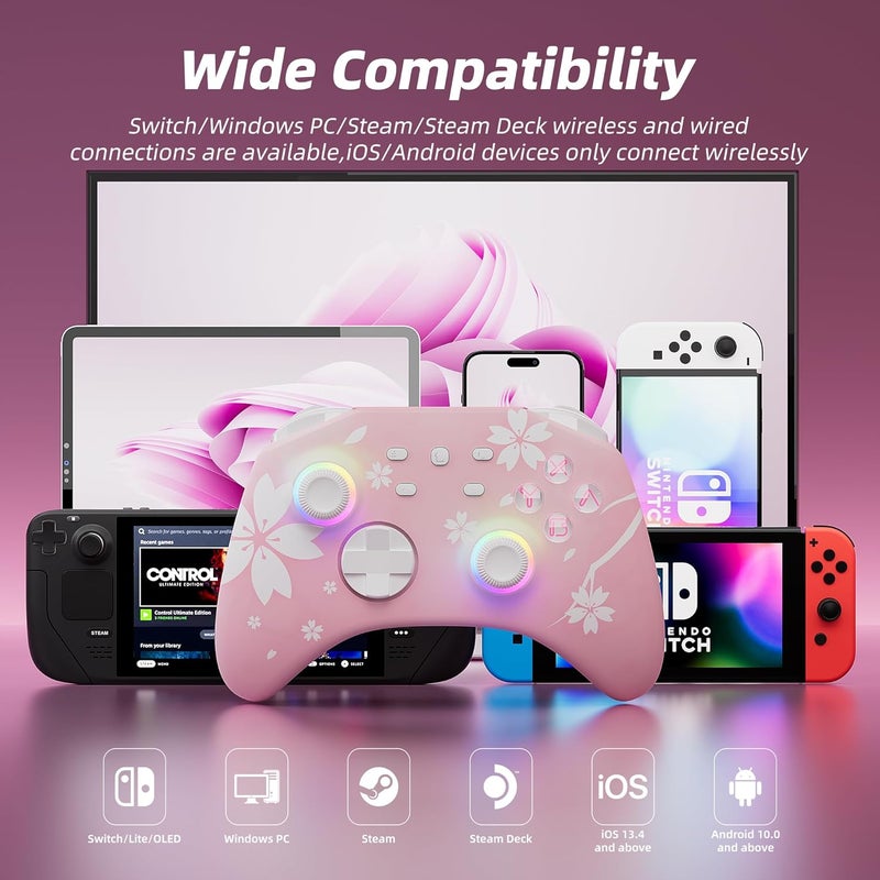 Mytrix Wireless Controllers for Switch/Switch 2, Windows PC iOS Android Steam/Steam Deck, Sakura Pink Bluetooth Controller with Programmable, Hall Effect Joysticks, Adjustable LED Light/Turbo/Vibration - Image 4