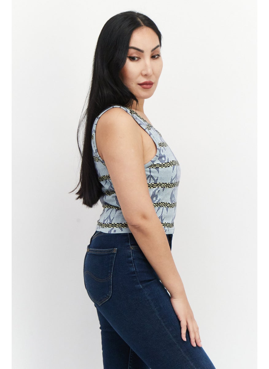 OBEY Women Round Neck Sleeveless Textured Top, Blue Combo  - Image 2