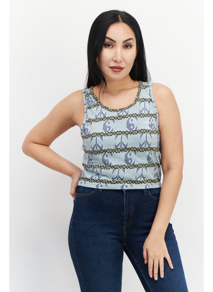 OBEY Women Round Neck Sleeveless Textured Top, Blue Combo  - Image 1