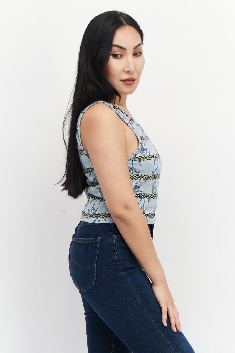 OBEY Women Round Neck Sleeveless Textured Top, Blue Combo - Image 2